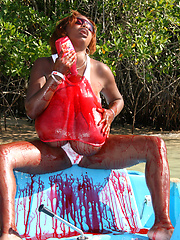 Sticky ketchup mess for black big titted chick