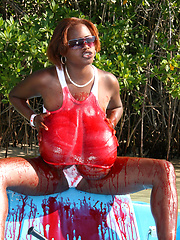 Sticky ketchup mess for black big titted chick