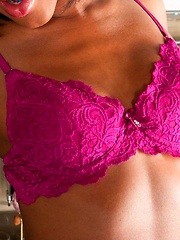 Skinny black hottie Kiki B plays with her shaved pussy