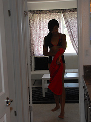 Amateur black cutie shows off her hairy pussy then takes a hard cock